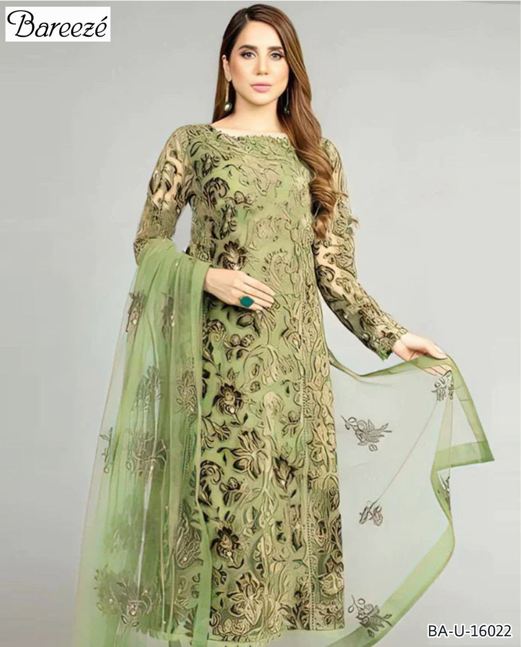 Bareeze 3PC Mehndi Green Embroidered Unstitched Suit