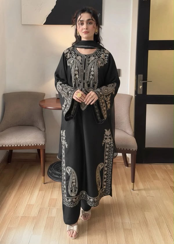 3PC. Black EMBROIDERED Unstitched Suit