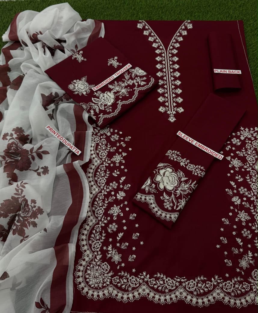 Zara Shahjahan 3PC plum maroon Embroidered Unstitched Suit