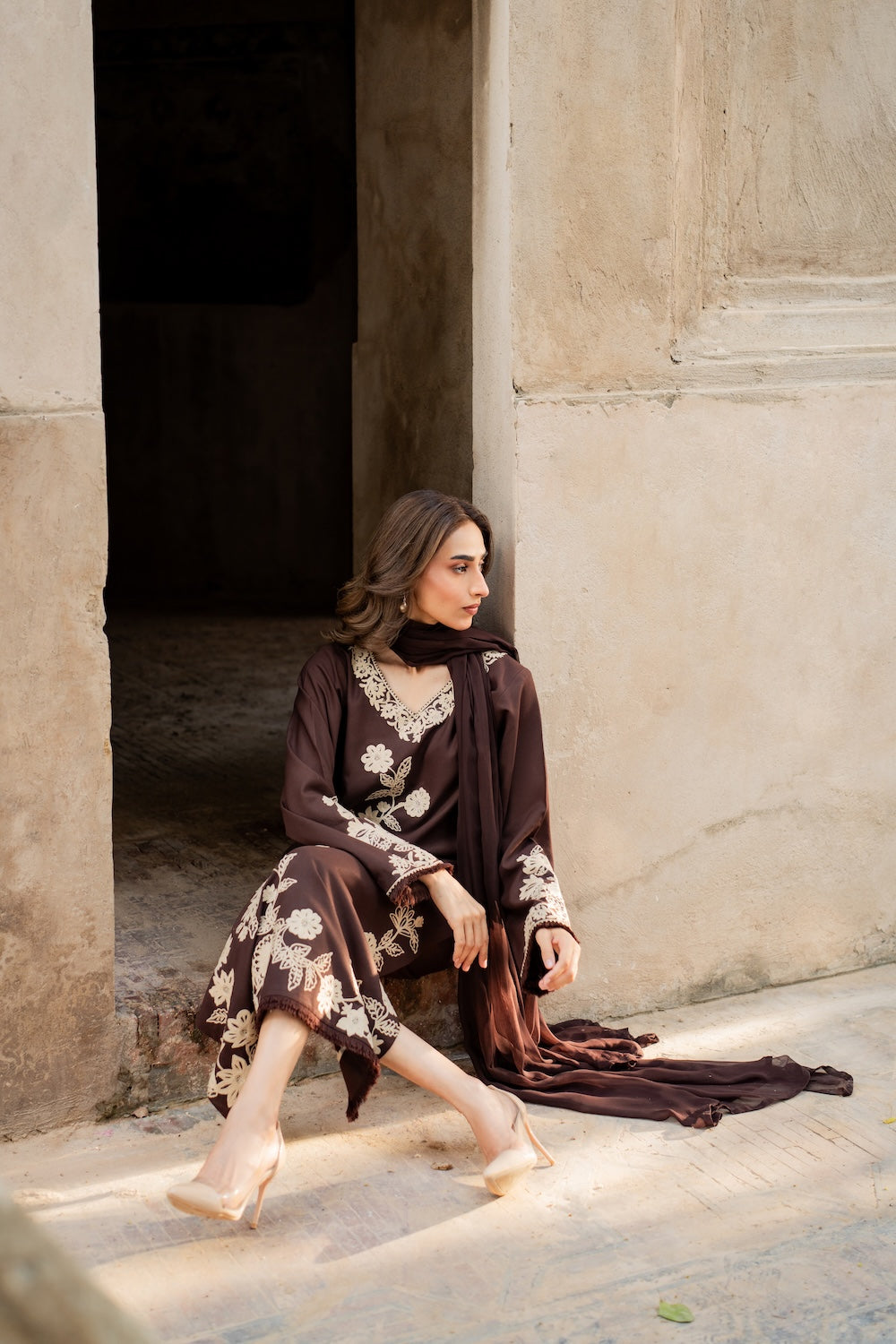 Laam 2PC Brown Embroidered Unstitched Suit