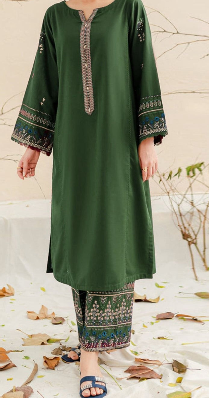 Beechtree 2PC Green Embroidered Unstitched Suit