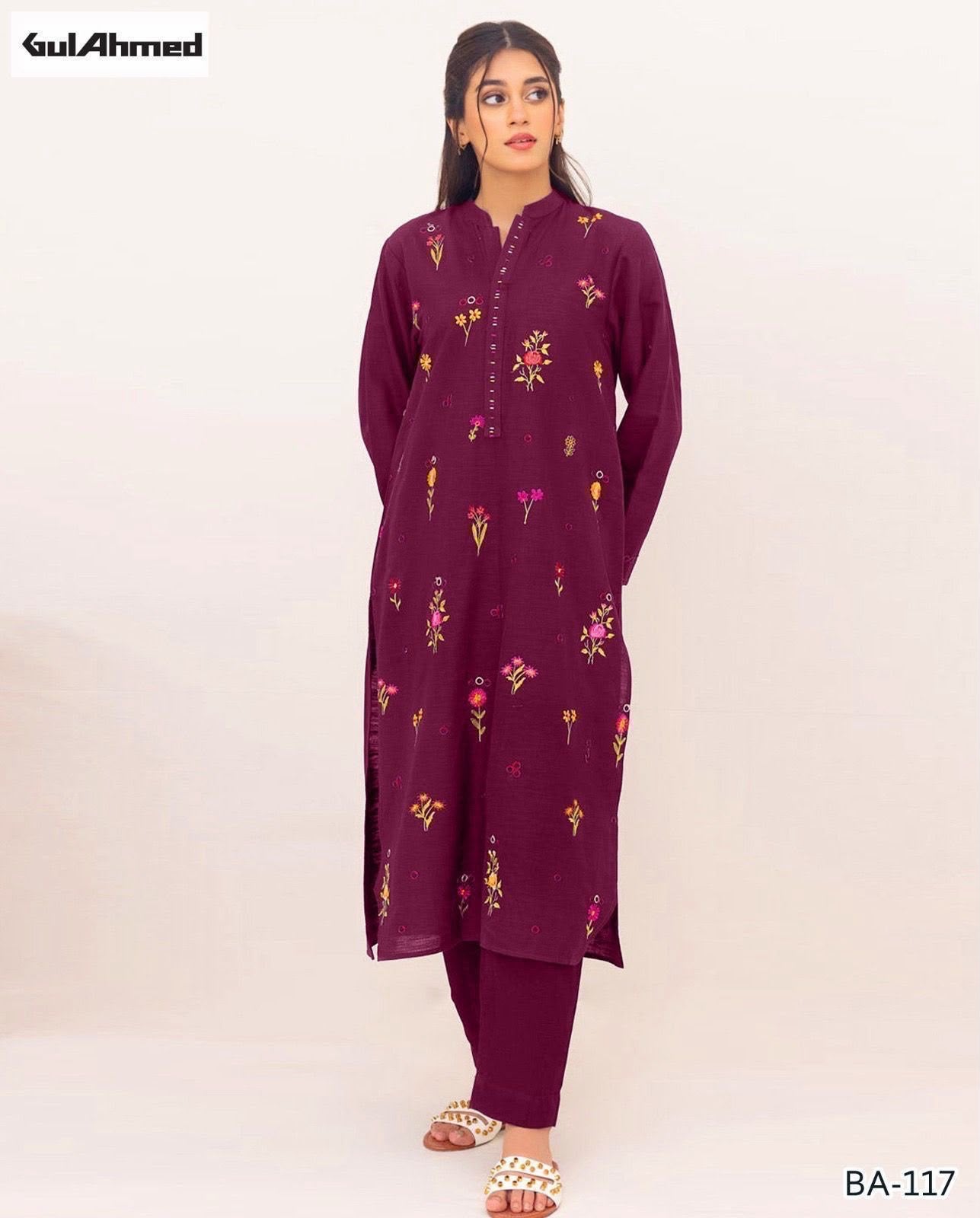 3 PC Plum Floral Embroidered Unstitched Suit By Gul Ahmed