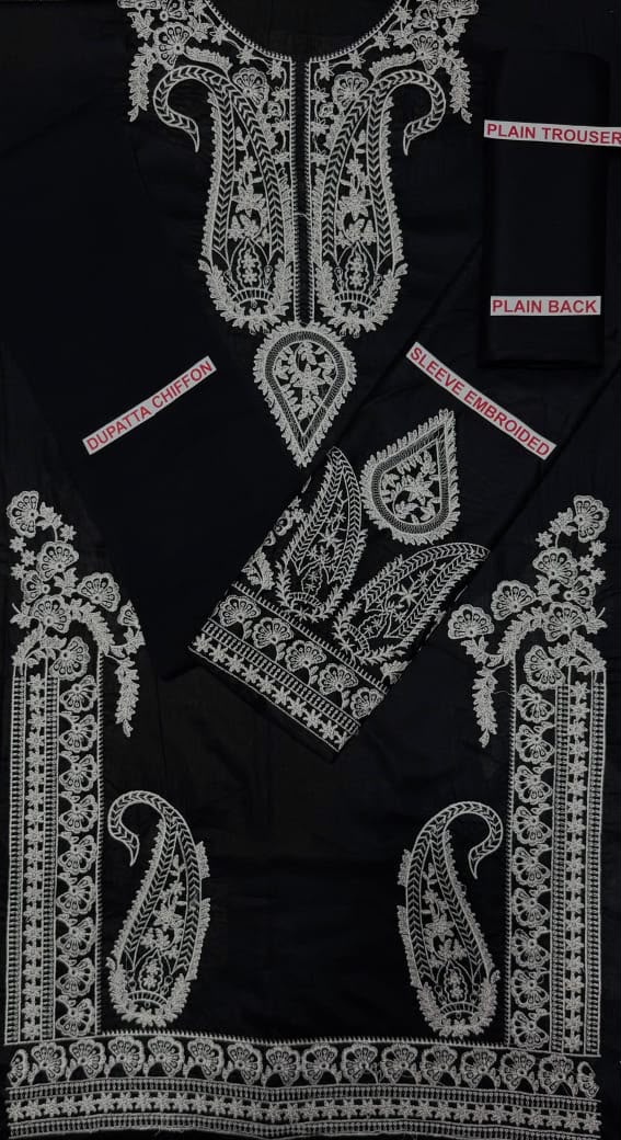 3PC. Black EMBROIDERED Unstitched Suit