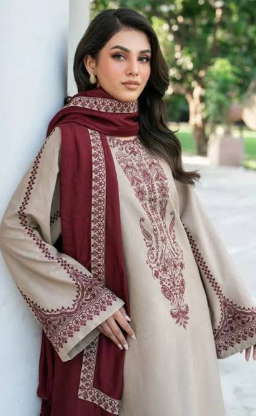 Baroque 3PC Beige Embroidered Unstitched Suit