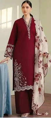 Zara Shahjahan 3PC plum maroon Embroidered Unstitched Suit