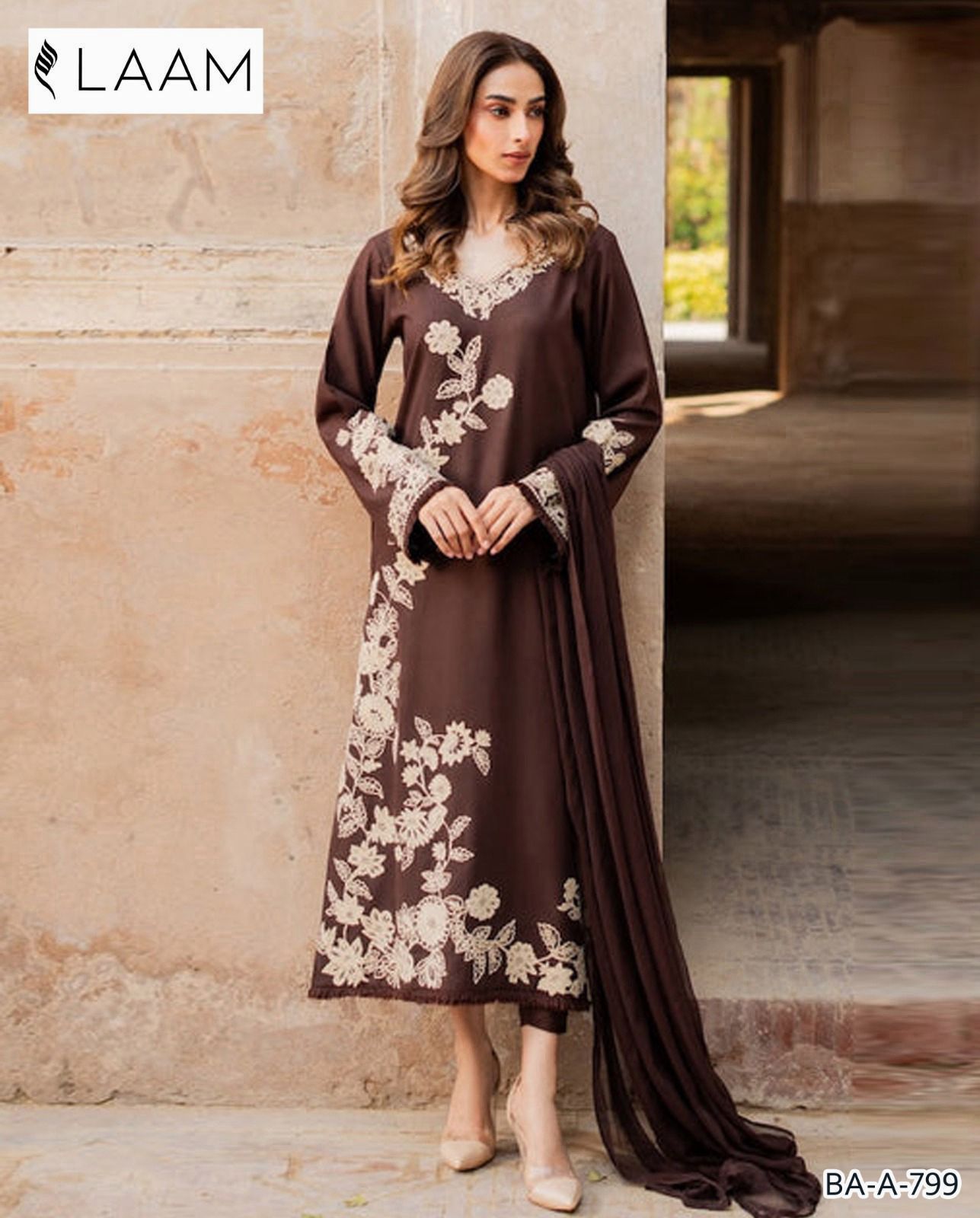 Laam 2PC Brown Embroidered Unstitched Suit