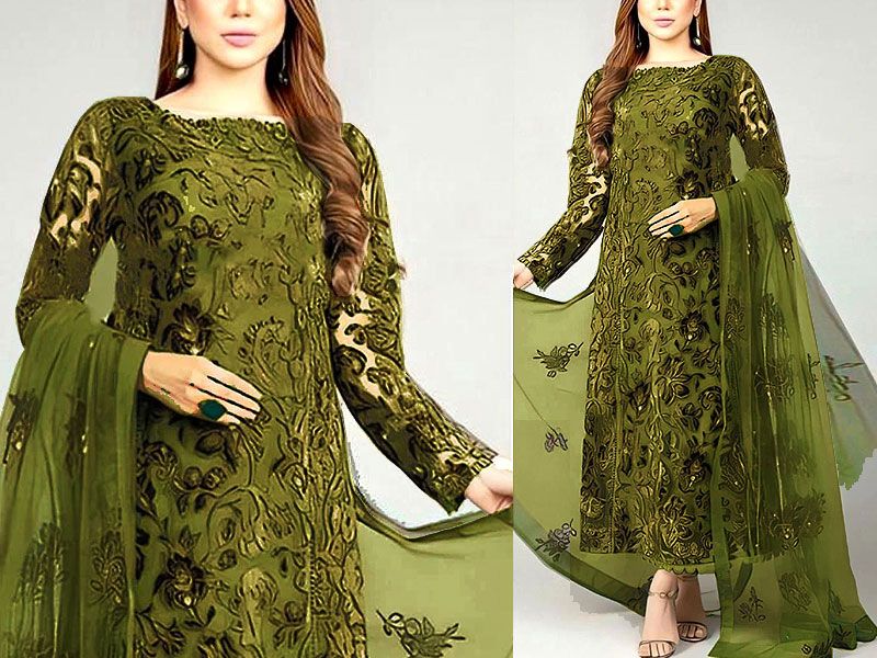 Bareeze 3PC Mehndi Green Embroidered Unstitched Suit