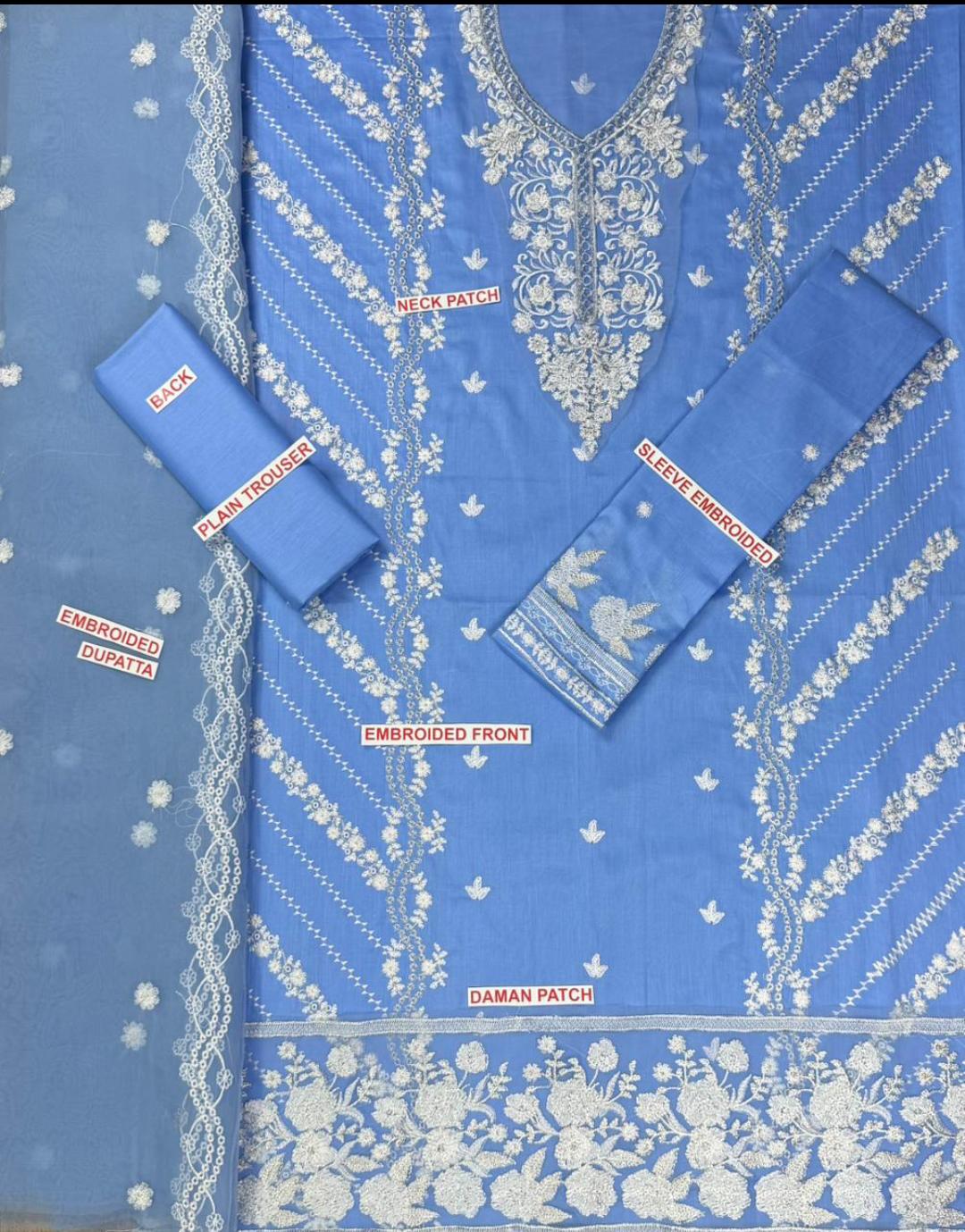 Azure 3PC Powder Blue Embroidered Unstitched Suit