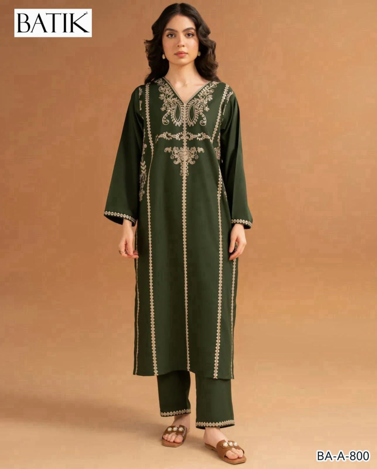 Batik 2pc Leave Green Embroidered Unstitched Suit