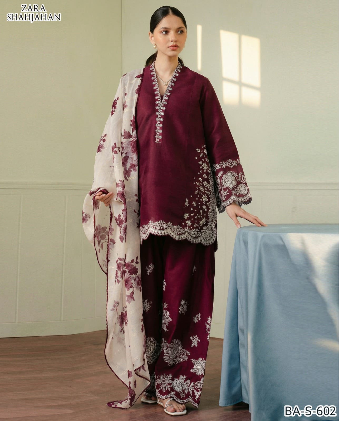 Zara Shahjahan 3PC plum maroon Embroidered Unstitched Suit