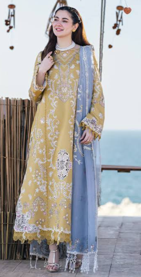 Qalamkar 3PC Yellow stone Embroidered Unstitched Suit