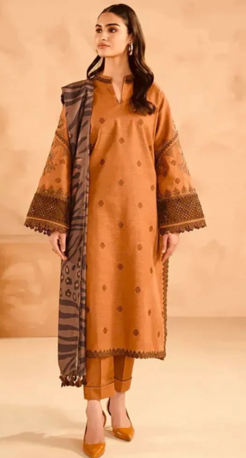 Charisma 3PC Golden Brown Embroidered Unstitched Suit