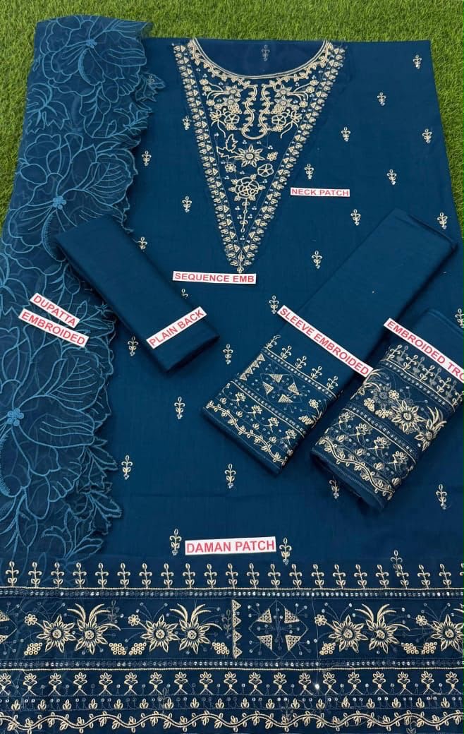 Ally's 3PC Navy Blue Embroidered Unstitched Suit