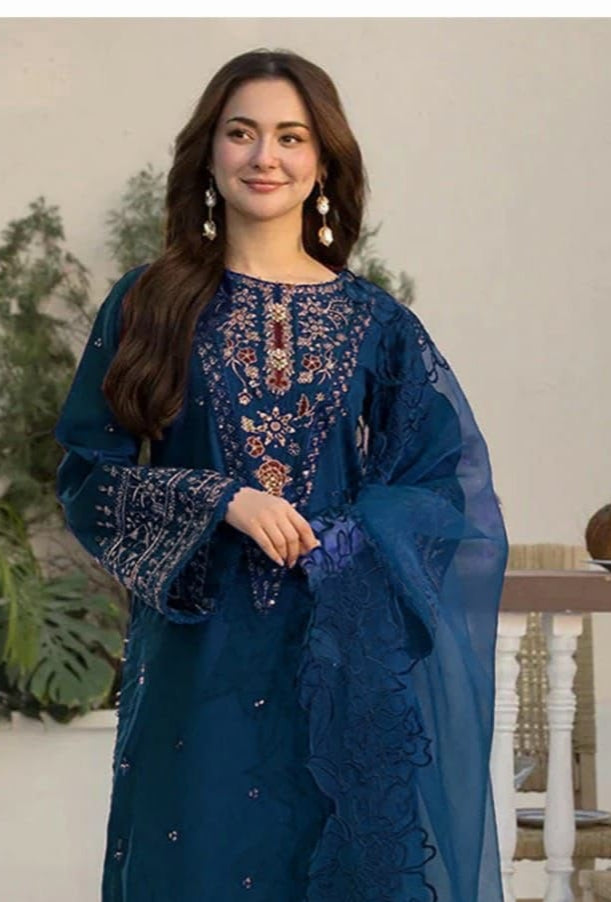 Ally's 3PC Navy Blue Embroidered Unstitched Suit