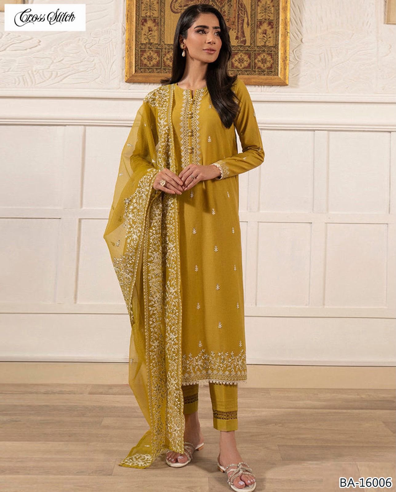 Cross Stitch 3PC Mustard Embroidered Unstitched Suit