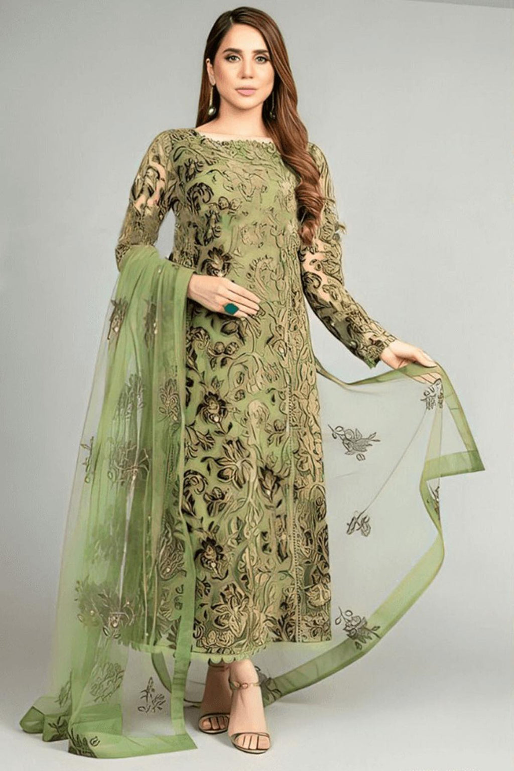 Bareeze 3PC Mehndi Green Embroidered Unstitched Suit