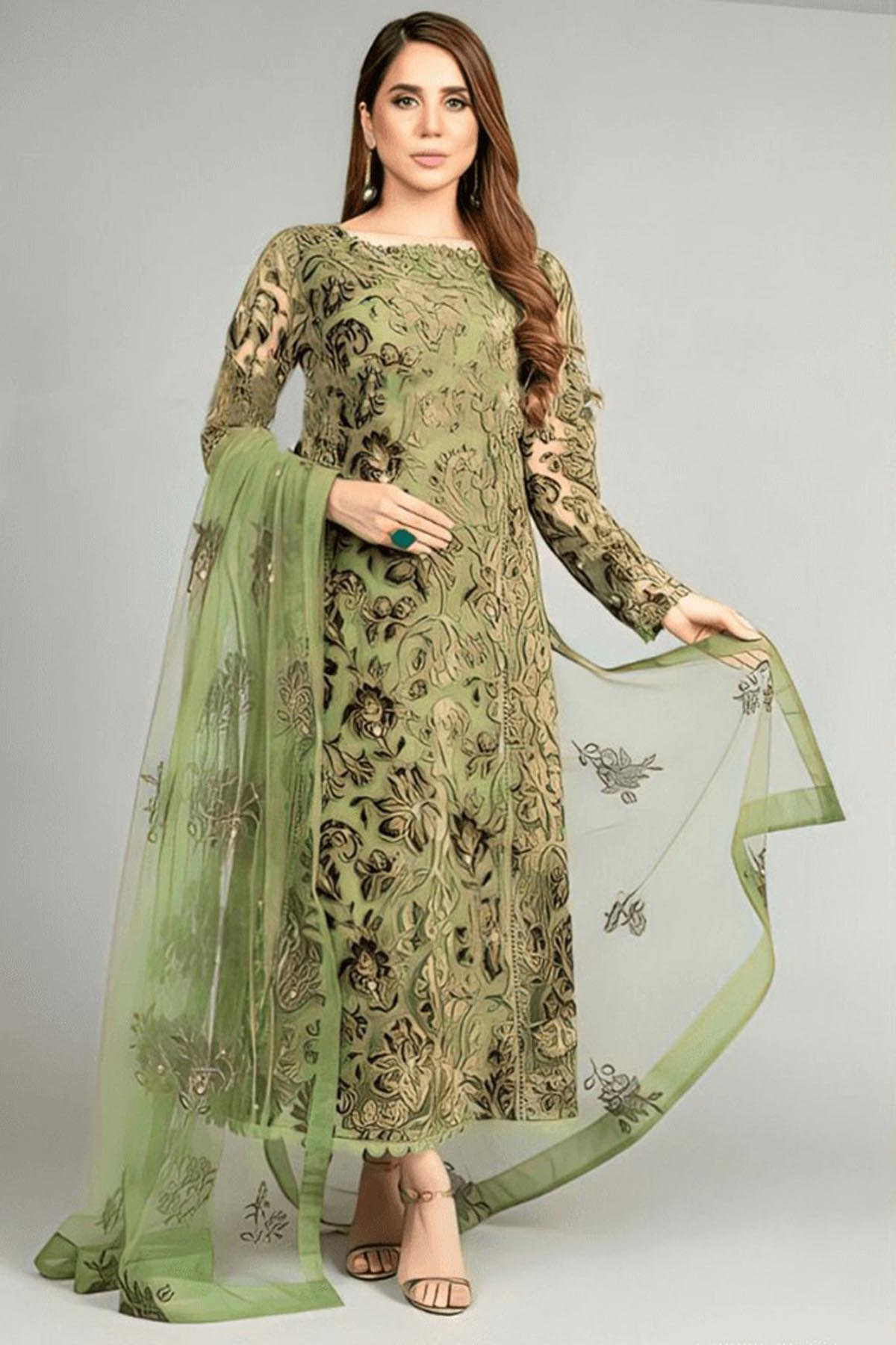 Bareeze 3PC Mehndi Green Embroidered Unstitched Suit
