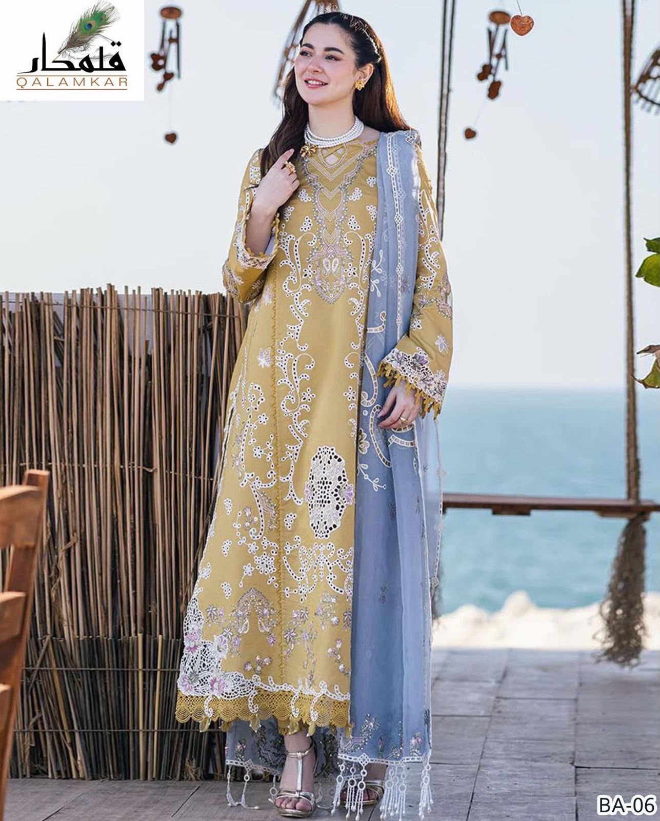 Qalamkar 3PC Yellow stone Embroidered Unstitched Suit