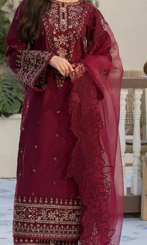 Ally's 3PC Maroon Embroidered Unstitched Suit