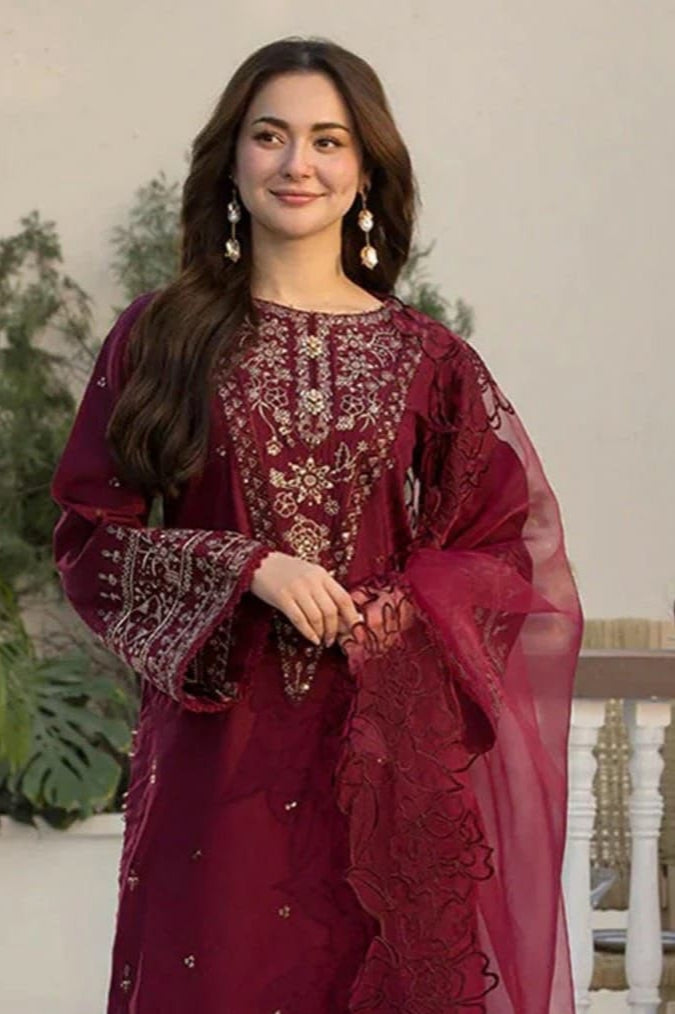 Ally's 3PC Maroon Embroidered Unstitched Suit
