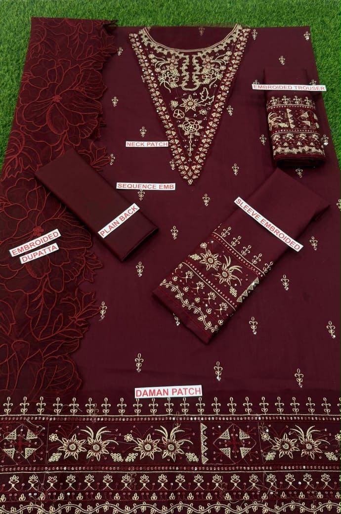 Ally's 3PC Maroon Embroidered Unstitched Suit
