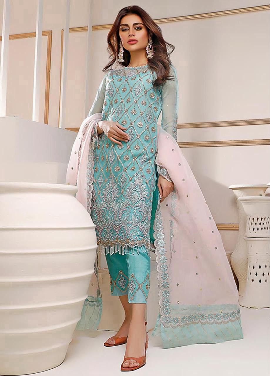 3PC Tourquise Aqua Embroidered Unstitched Suit