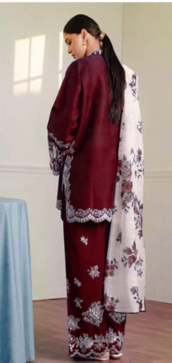 Zara Shahjahan 3PC plum maroon Embroidered Unstitched Suit
