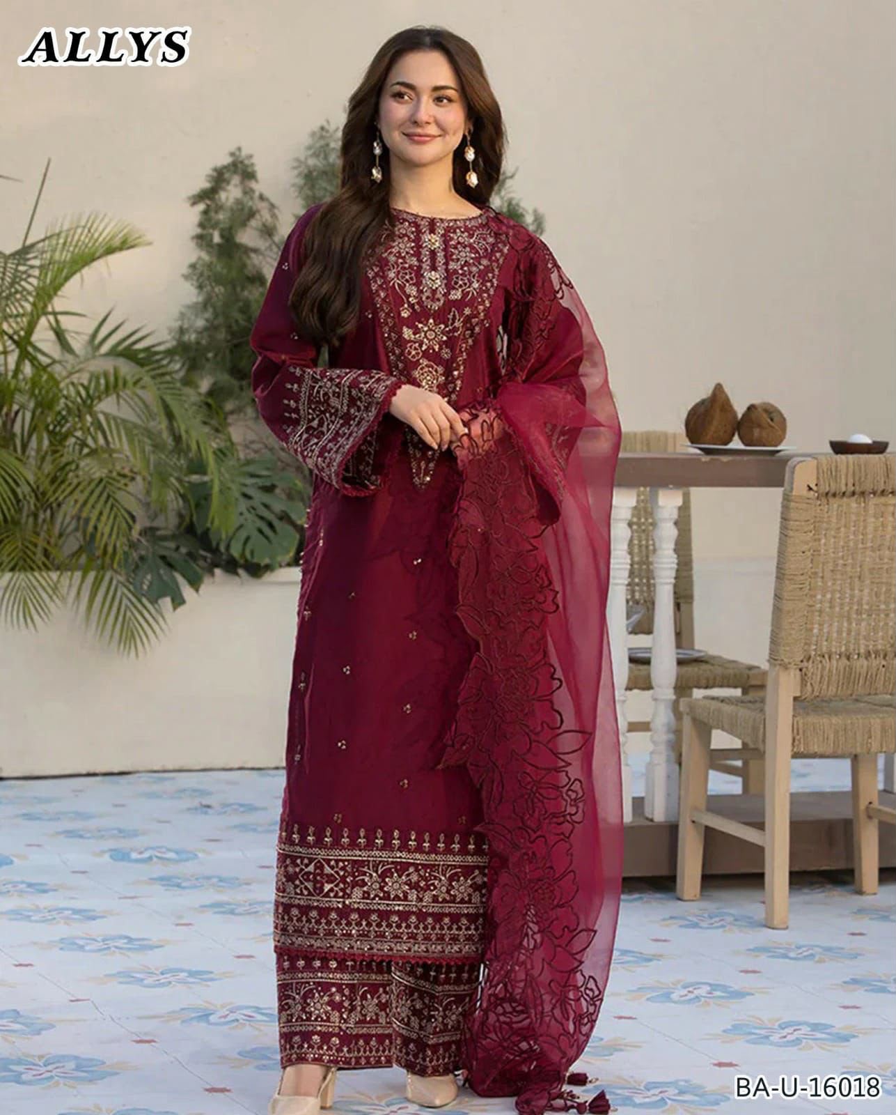 Ally's 3PC Maroon Embroidered Unstitched Suit