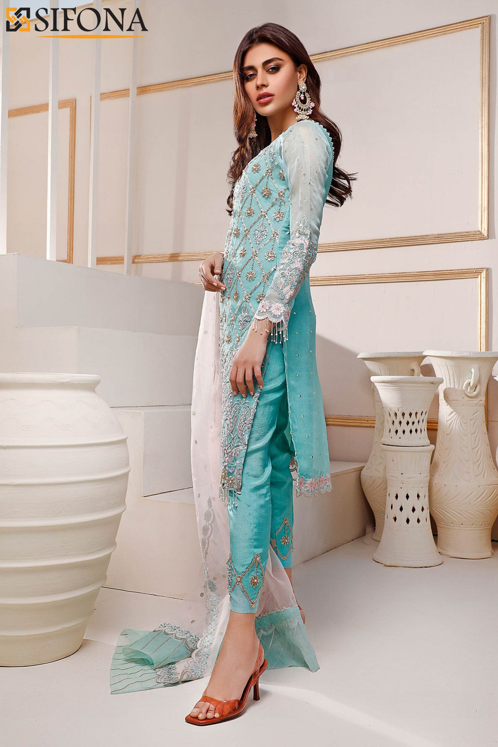 3PC Tourquise Aqua Embroidered Unstitched Suit