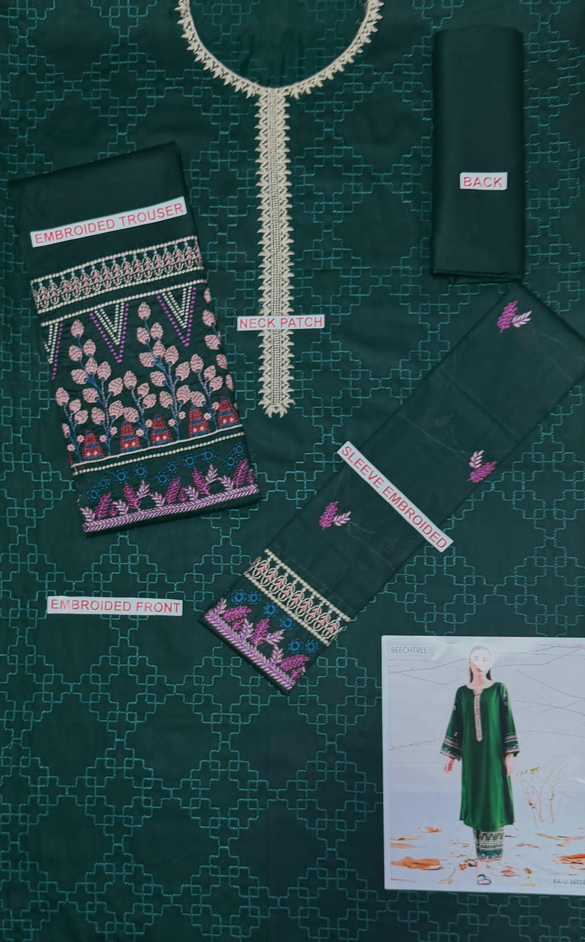 Beechtree 2PC Green Embroidered Unstitched Suit