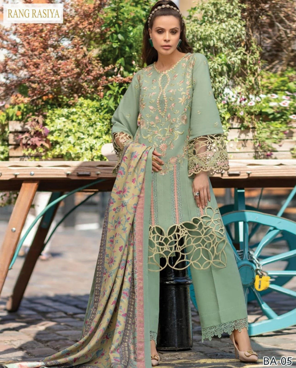 Rang Rasiya 3PC Sea Green Embroidered Unstitched Suit