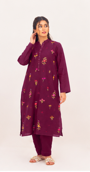 3 PC Plum Floral Embroidered Unstitched Suit By Gul Ahmed