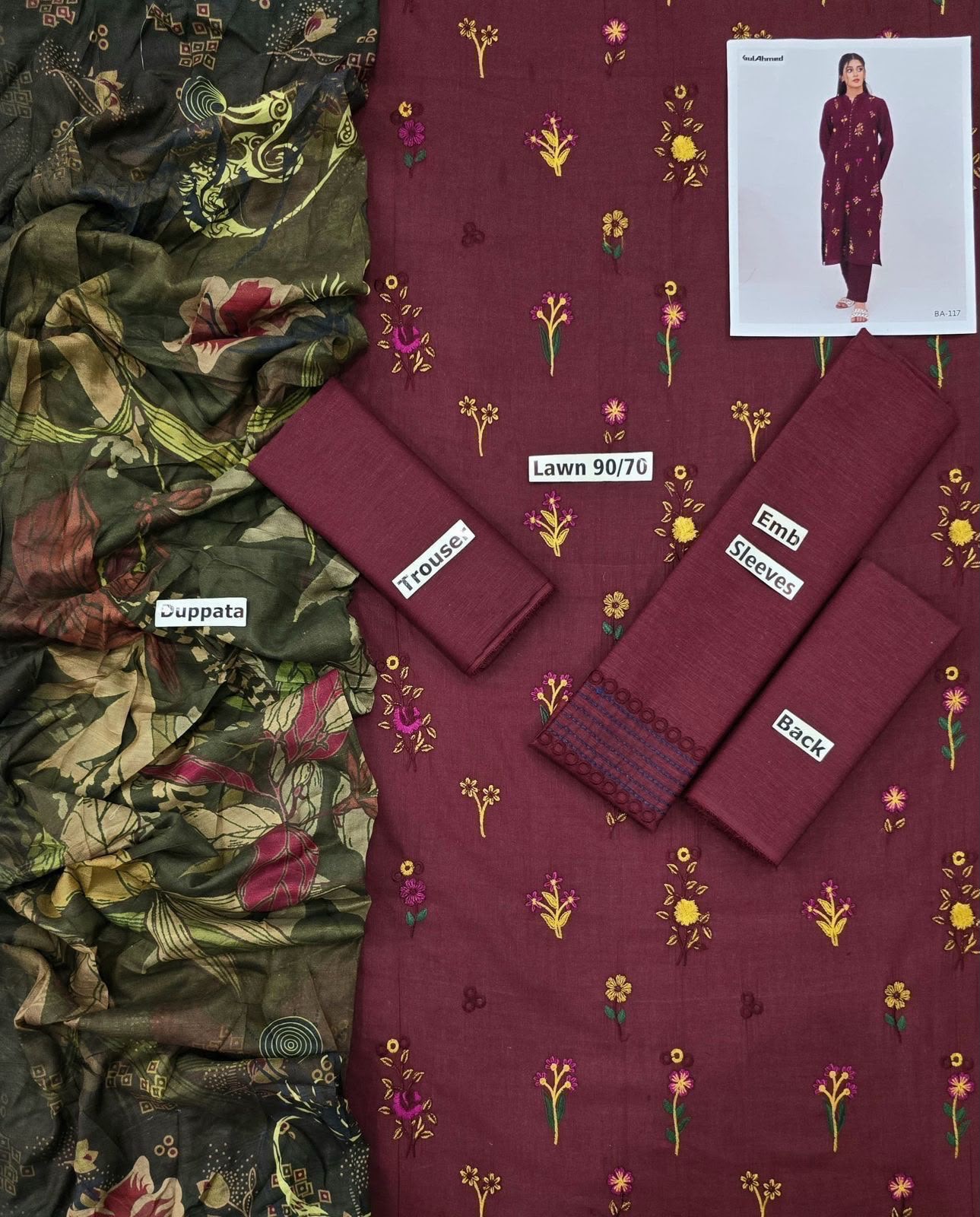 3 PC Plum Floral Embroidered Unstitched Suit By Gul Ahmed