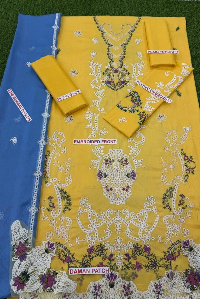 Qalamkar 3PC Yellow stone Embroidered Unstitched Suit
