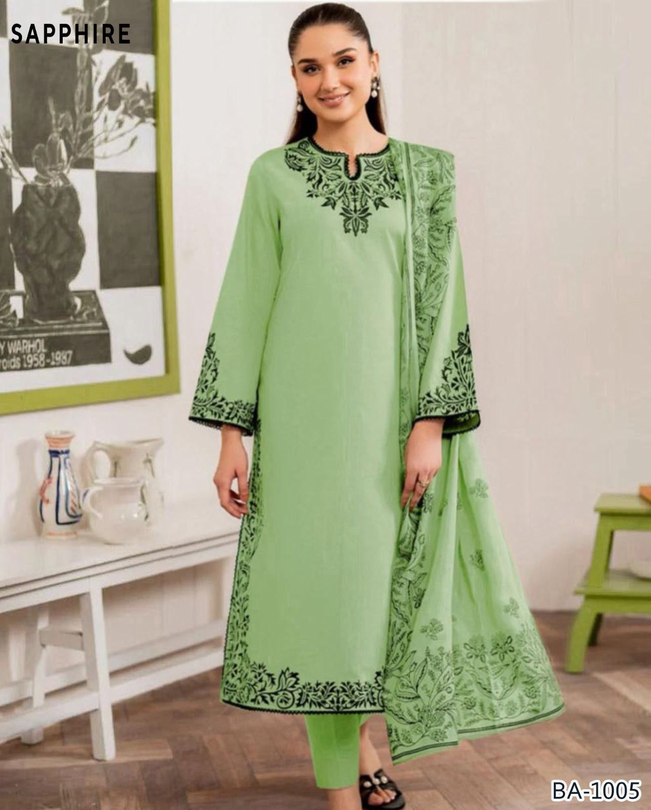 Sapphire 2PC Mint Green Embroidered Unstitched Suit