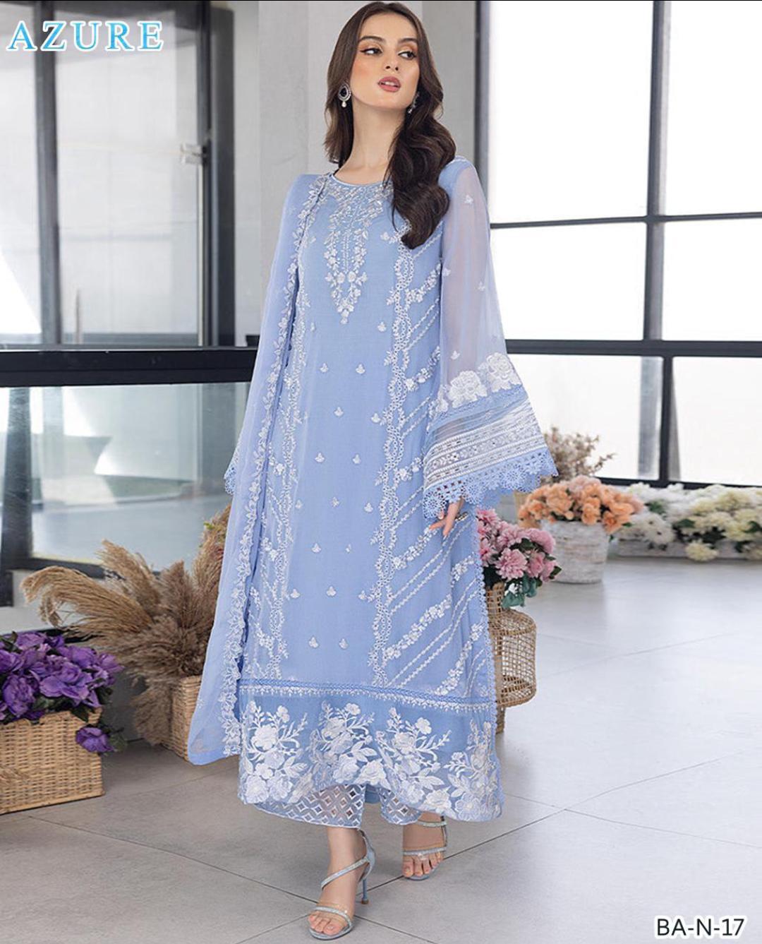 Azure 3PC Powder Blue Embroidered Unstitched Suit