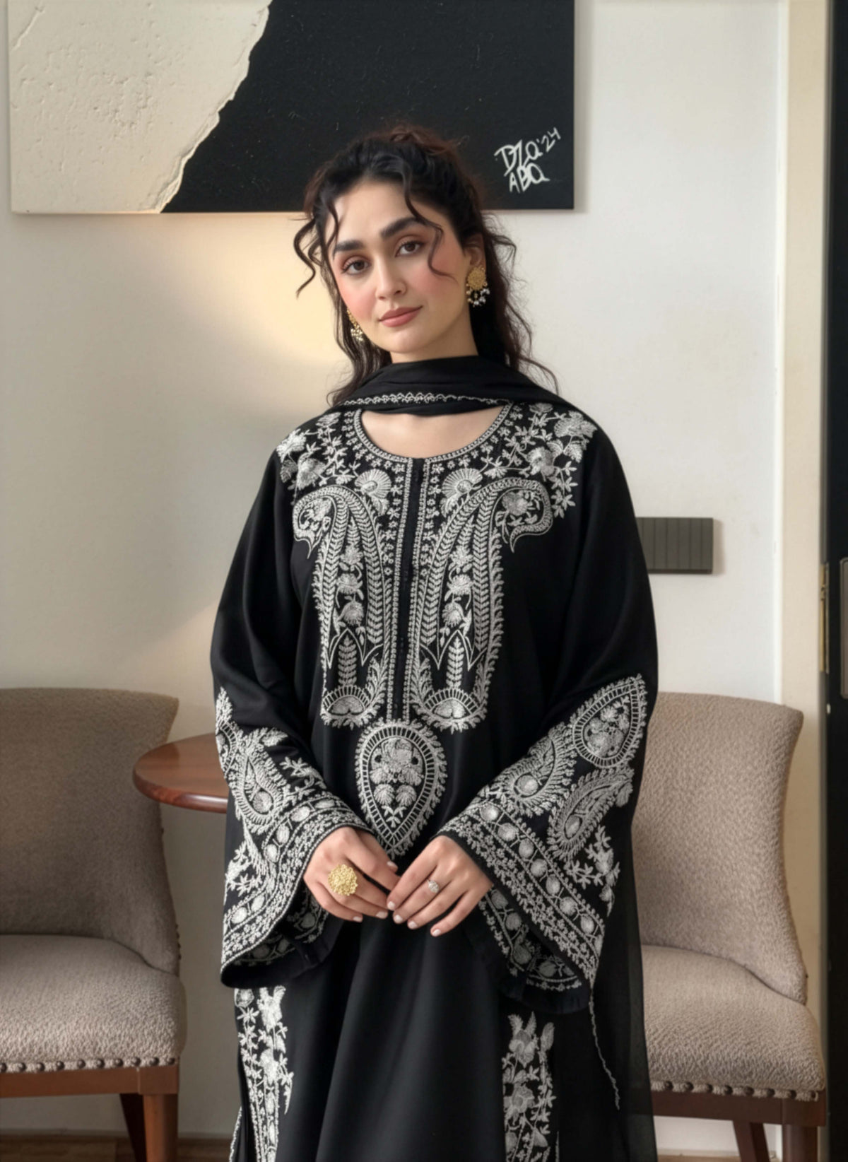 3PC. Black EMBROIDERED Unstitched Suit
