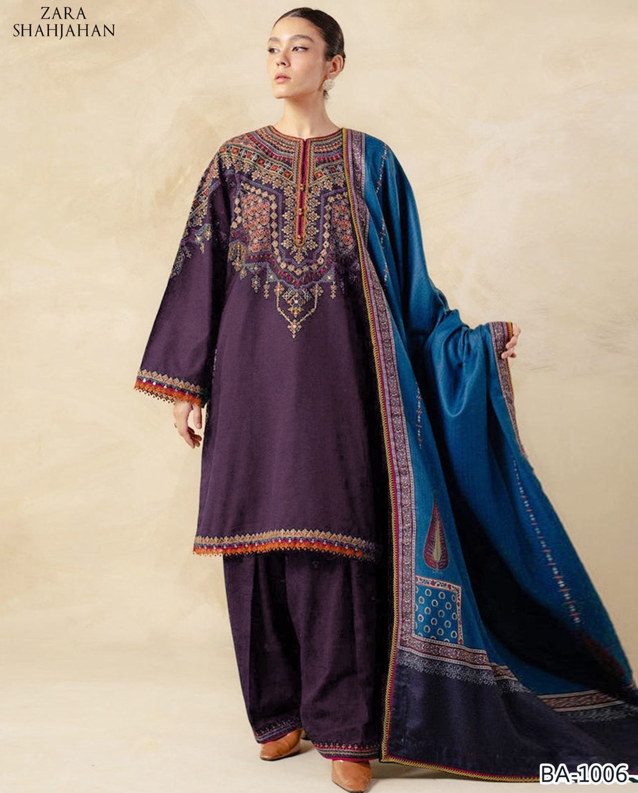 Zara Shahjahan 2PC Deep Purple Embroidered Unstitched Suit
