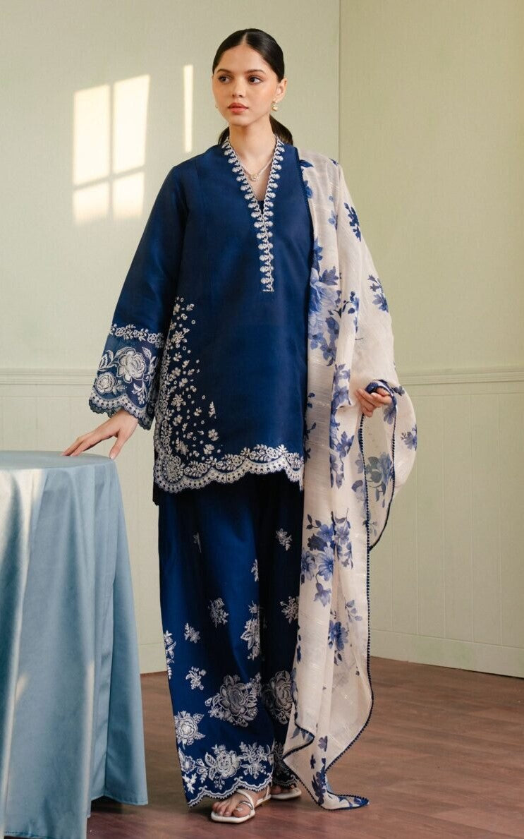 Zara Shahjahan 3PC Royal Blue Embroidered Unstitched Suit