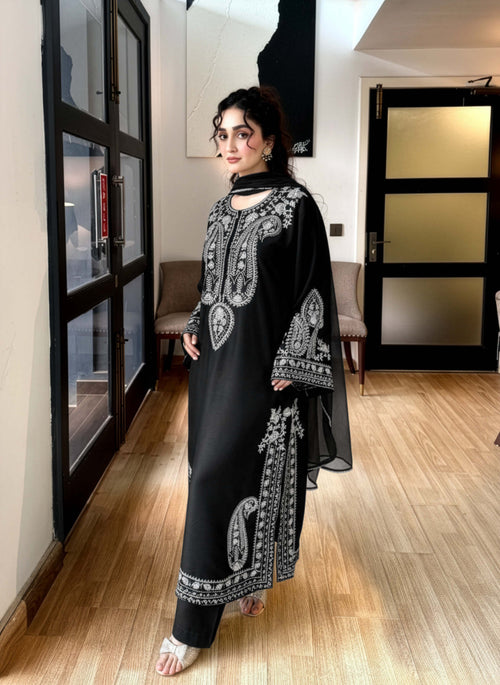 3PC. Black EMBROIDERED Unstitched Suit