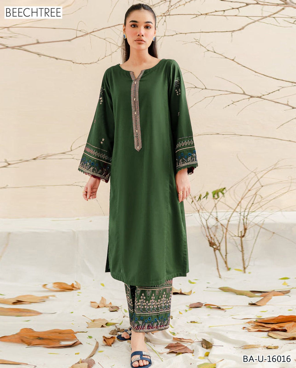 Beechtree 2PC Green Embroidered Unstitched Suit
