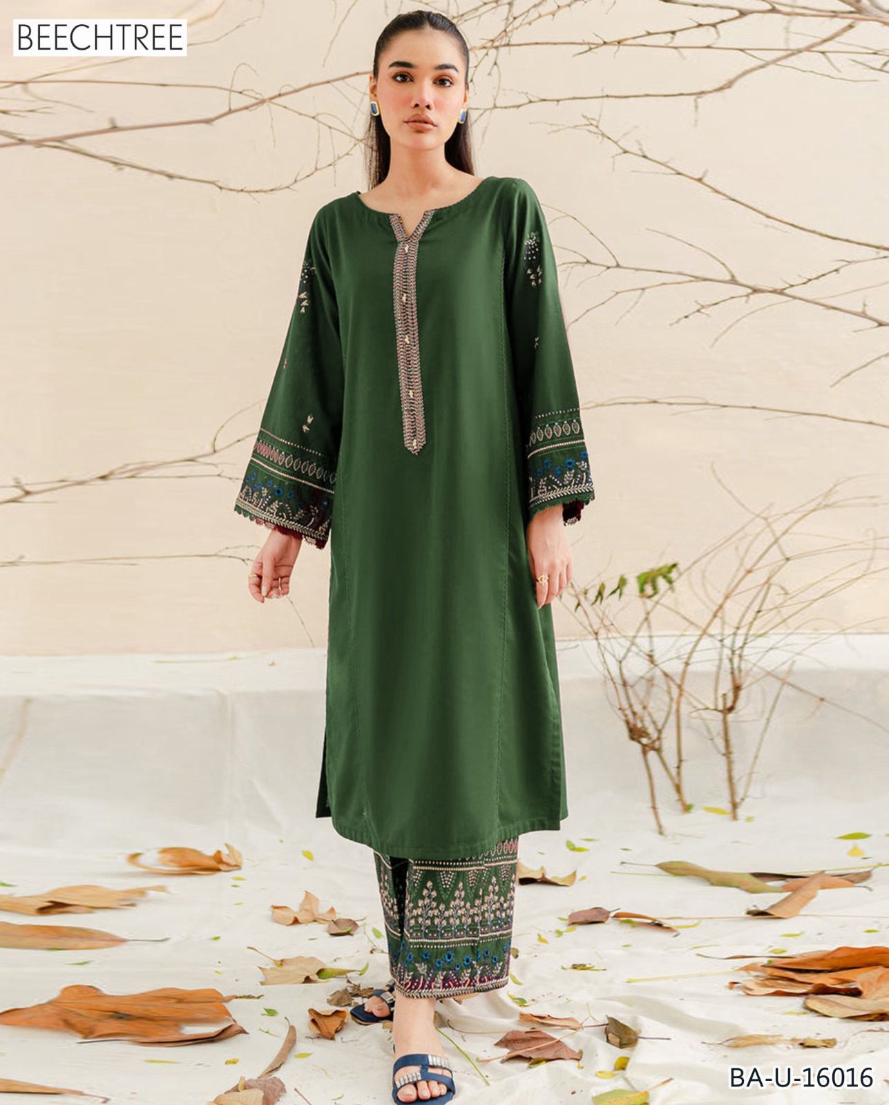 Beechtree 2PC Green Embroidered Unstitched Suit