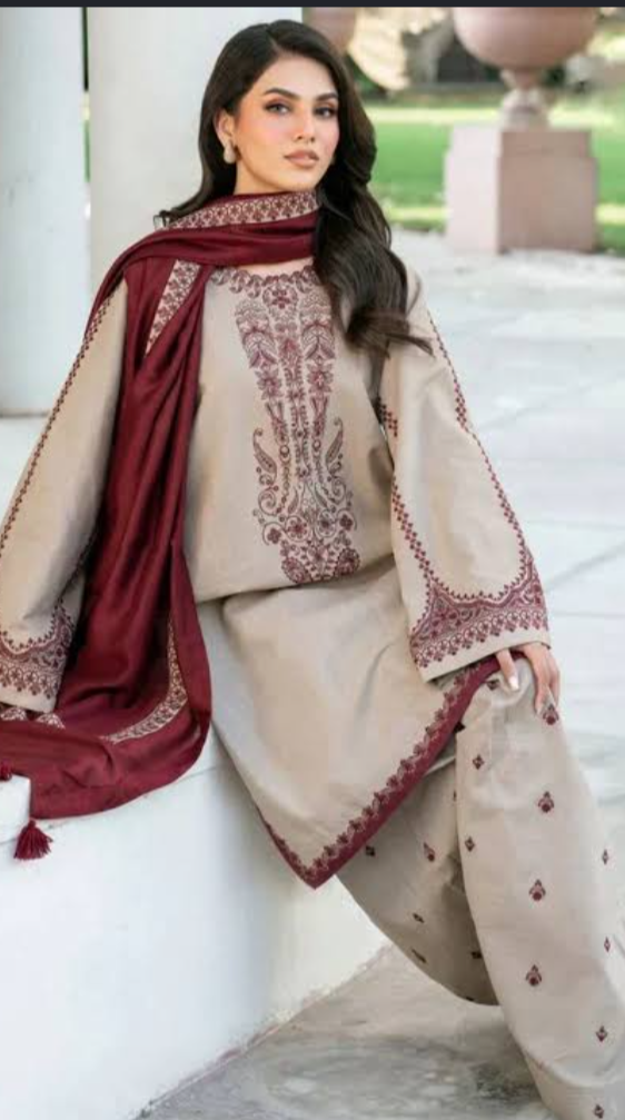 Baroque 3PC Beige Embroidered Unstitched Suit