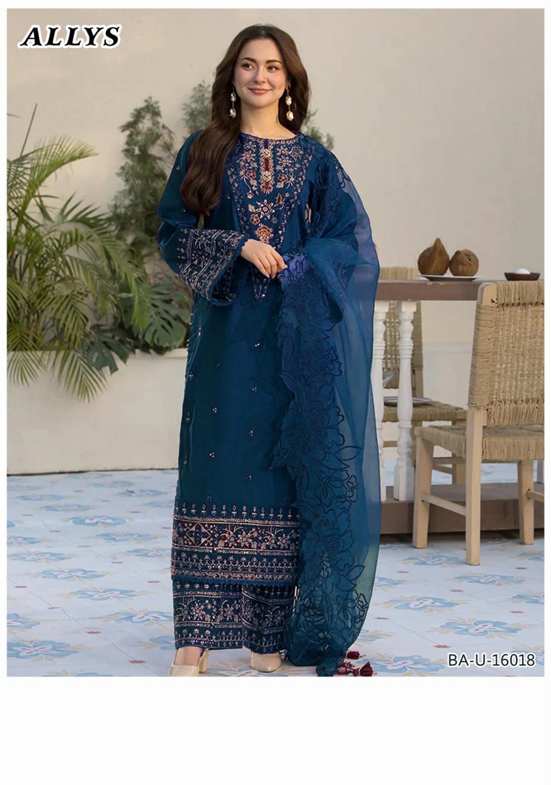Ally's 3PC Navy Blue Embroidered Unstitched Suit