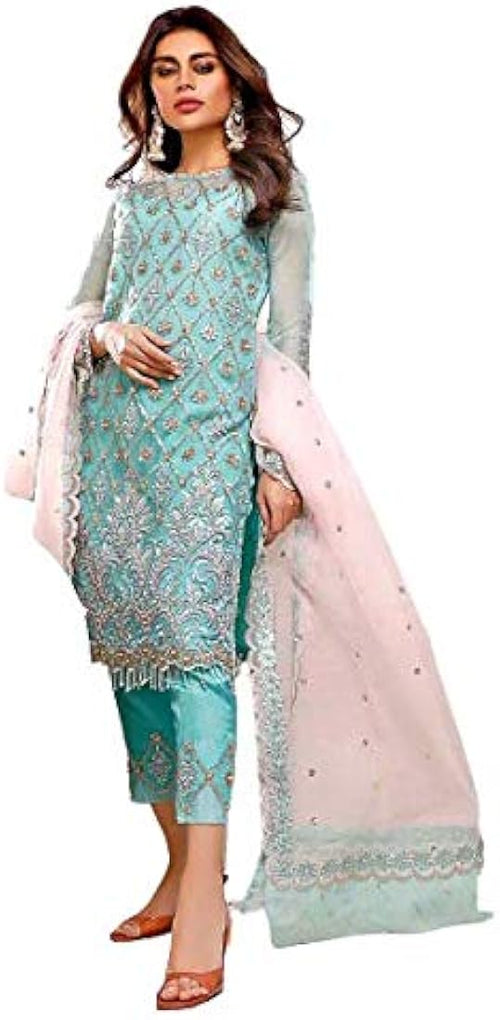 3PC Tourquise Aqua Embroidered Unstitched Suit