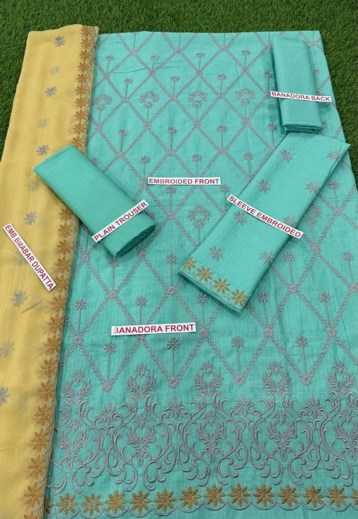 3PC Tourquise Aqua Embroidered Unstitched Suit