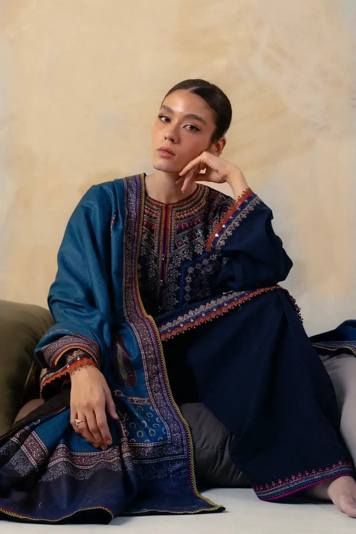 Zara Shahjahan 2PC Royal Blue Embroidered Unstitched Suit