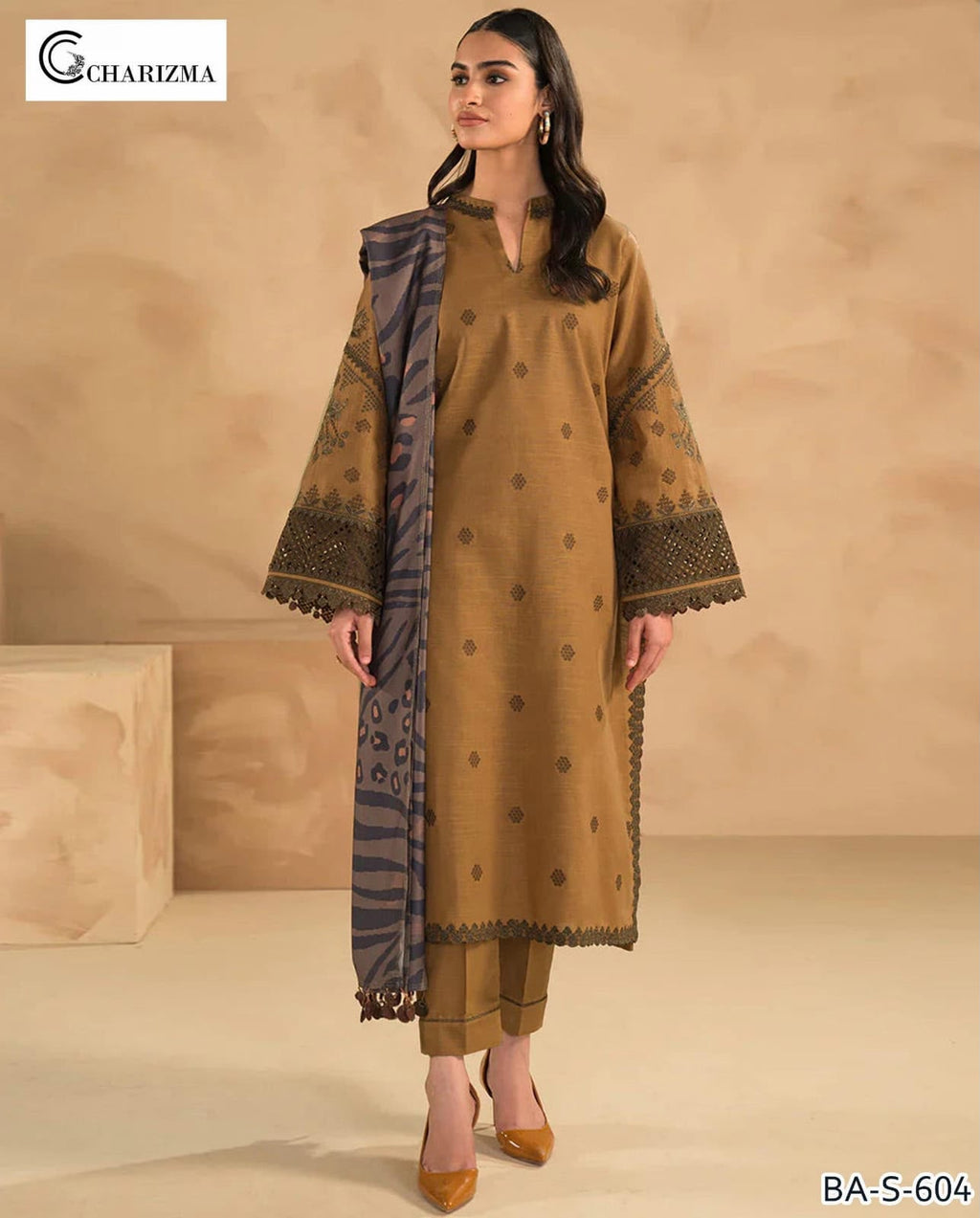 Charisma 3PC Golden Brown Embroidered Unstitched Suit