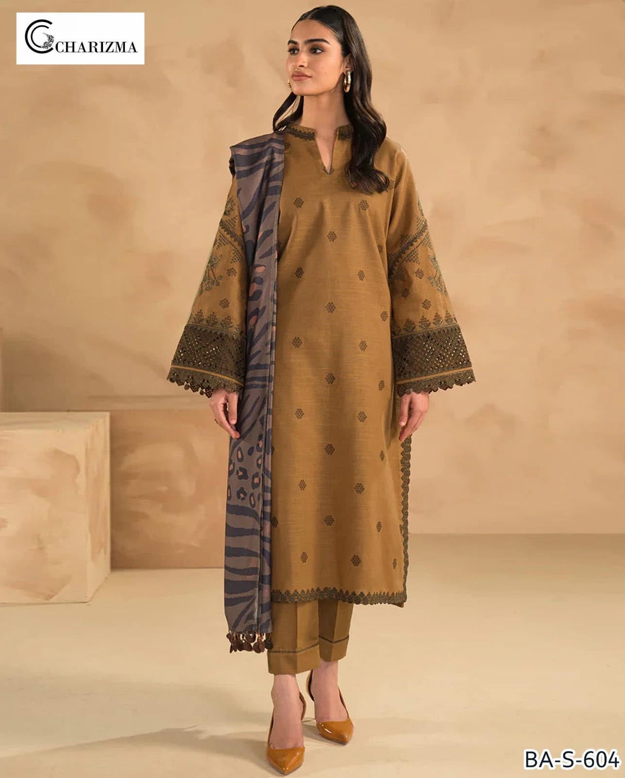 Charisma 3PC Golden Brown Embroidered Unstitched Suit