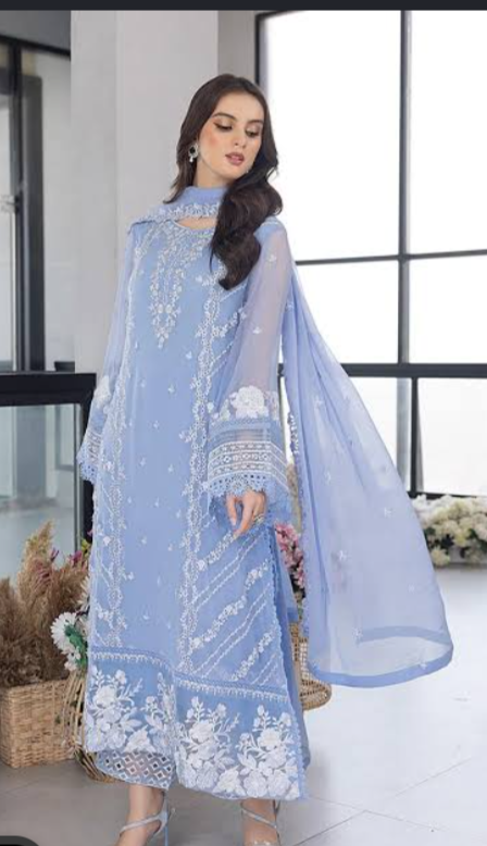 Azure 3PC Powder Blue Embroidered Unstitched Suit